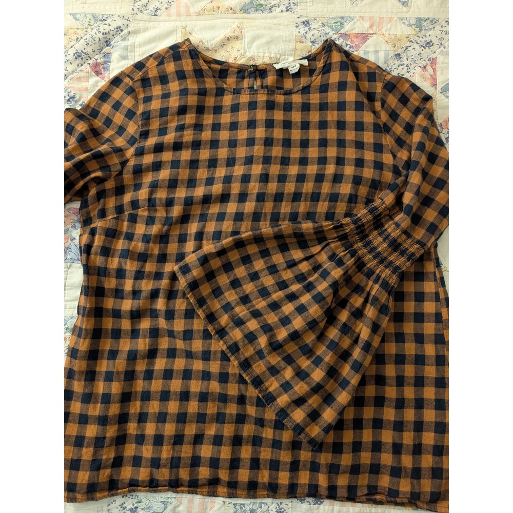 Beach Lunch Lounge Fall Flannel Lagenlook Med Plaid Tunic Blouse Flutter Sleeve